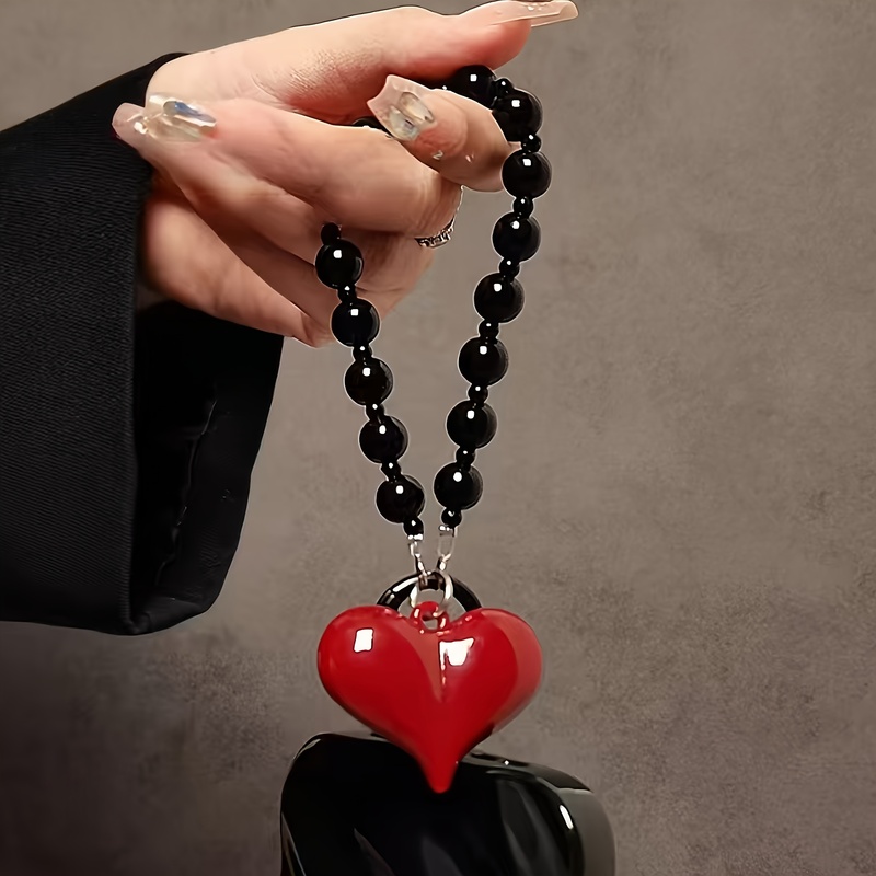 1개 레드 라지 하트 블랙 비즈 장식 폰 스트랩, 수제 - Phone Accessories Hanging 리뷰 및 가격